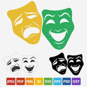 Happy and Sad Mask Digital Art | Comedy & Tragedy SVG PNG JPG | Theater Drama Clipart for Cricut | Instant Download