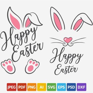 Pode incluir: Um design gráfico com orelhas, nariz e patas de coelho da Páscoa, juntamente com o texto "Feliz Páscoa" em fonte cursiva. As orelhas e patas do coelho são rosa e brancas, sobre um fundo branco. Ícones de formato de arquivo na parte inferior.