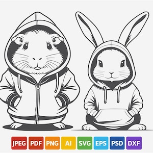 Cute Guinea Pig and Bunny Hoodie SVG Bundle, Funny Animal Hoodie Clipart, Cricut Cut File, Pet Lover PNG, svg, AI, eps, dxf, Printable