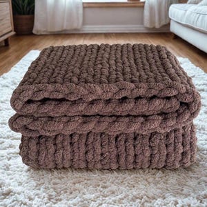 Chunky Knit Blanket, Dark Neutral Brown Taupe Chenille, Hand-Knit Soft Luxury Couch Bed Throw, Autumn Home Decor Gift
