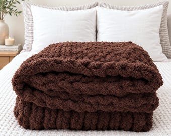 Chunky Knit Blanket, Dark Chocolate Brown Chenille, Hand-Knit Soft Luxury Couch Bed Throw, Autumn Home Decor Gift