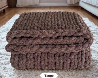 Chunky Knit Blanket, Dark Neutral Brown Chenille, Hand-Knit 50x60 Soft Luxury Couch or Bed Throw, Housewarming or Wedding Gift