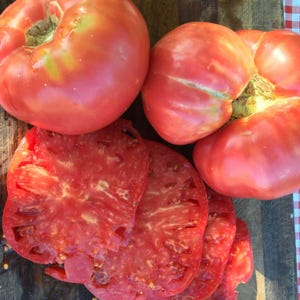 May include: Close-up of ripe, red tomatoes, some whole and others sliced, revealing a juicy interior. The tomatoes are on a wooden surface, with a checkered tablecloth visible in the corner. The tomatoes appear fresh and ready to eat.