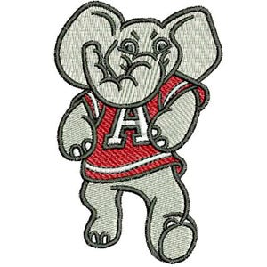 May include: Embroidered patch of a gray elephant mascot in a red and white jersey with a white "A". The elephant has large ears and is standing with its arms out. The patch is likely for clothing or accessories, suitable for application to fabric.