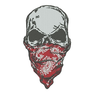 May include: A detailed illustration of a skull wearing a red paisley bandana. The skull is gray and black, with visible sutures and eye sockets. The bandana covers the lower half of the skull, adding a bold contrast.