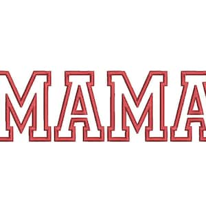 Puede incluir: La palabra "MAMA" se muestra en letras rojas bordadas sobre un fondo blanco. Las letras tienen un estilo universitario audaz con un contorno grueso. El diseño es simple y limpio, adecuado para diversas aplicaciones.