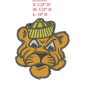 May include: Embroidered orange tiger head wearing a yellow and gray hat. The image includes the word "Sizes" and the dimensions: S: 2.25" H, M: 3.25" H, L: 10" H. The tiger has a stern expression.