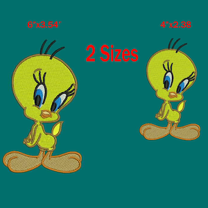May include: Embroidered yellow cartoon bird with blue eyes, black eyelashes, and an orange beak. The image shows two sizes: 6"x3.54" and 4"x2.36". The text "2 Sizes" is in red. The background is teal.