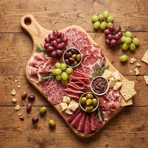 Può includere: Un tagliere di legno con una varietà di salumi, formaggi, olive, uva e cracker. Il tagliere è disposto su una superficie di legno, creando una presentazione rustica e appetitosa. La composizione comprende uva rossa e verde, salame e prosciutto.
