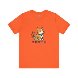 May include: Orange t-shirt featuring a cartoon corgi dog with a blue collar and the word "CORGORITHM" in white text. The corgi has a tech-inspired design element. The shirt is a solid orange color.