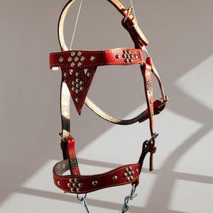 Handmade Red Leather Horse Bridle – Adjustable Heavy Duty Halter with Bit | Durable Riding Tack