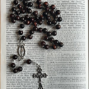 Red Tiger Eye 8mm Stone Beads Rosary, Silver Scroll Cross, Oval Mary Center