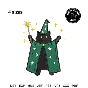 May include: An embroidered design featuring a black cat dressed as a wizard, wearing a green robe and hat adorned with white stars and crescent moons. The cat holds a golden wand, surrounded by yellow stars. The text "4 sizes" is at the top.