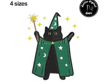 Wizard Cat Embroidery Design | 4 Sizes | Digital Download | Magical Cat Machine Embroidery Pattern (DST, PES, PDF, and More