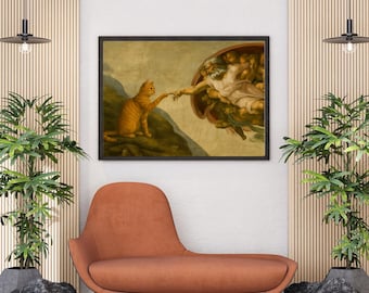 Funny Cat Art Print – The Creation of Cat, Parody Wall Decor, Michelangelo Inspired Whimsical Pet Lover Gift, Quirky Renaissance Cat Poster