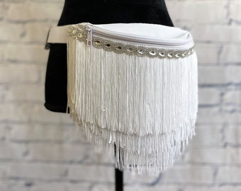 White Fringe Belt Bag with Rhinestone Trim - Festival and Bachelorette Chic Accessory