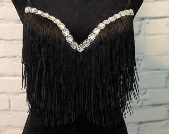 Boho Rhinestones and Black Fringe Rave Top