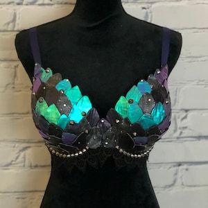 Handcrafted Dragon Scale Bra with Rhinestones for Burlesque and Cosplay - Customizable Elegance