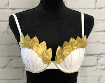 Greek Goddess-Inspired Bra with Gold Leaves and Pearls - Perfect for Burlesque and Cosplay