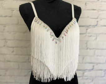 Boho Rhinestones and White Fringe Bra Top