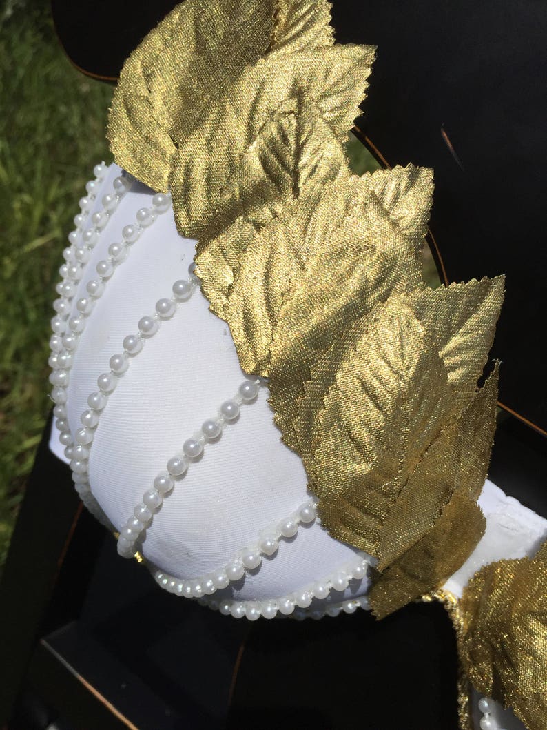 Toga Party or EDC Costume Rave Wear EDC Outfit EDC Bra edm Outfit Exotic Dance Bra White and Gold Greek Goddess Rave Bra Rave Outfit
