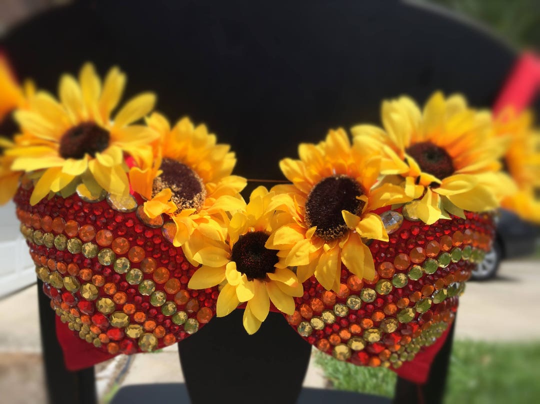 Red & Gold Sunflower Rave Top, Flower Rave Bra - Etsy