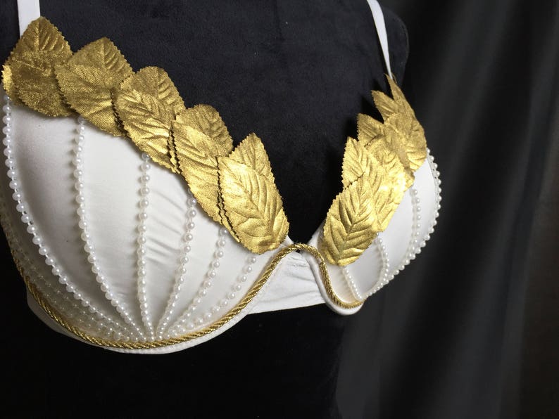 Toga Party or EDC Costume Rave Wear EDC Outfit EDC Bra edm Outfit Exotic Dance Bra White and Gold Greek Goddess Rave Bra Rave Outfit