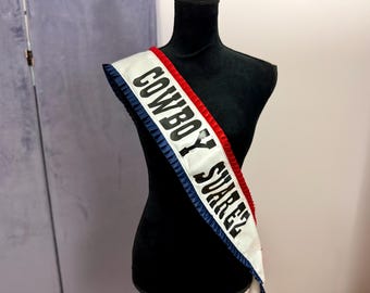 Custom Cowboy Sash – Personalized Name Belt with Red, White & Blue Ruffle Trim
