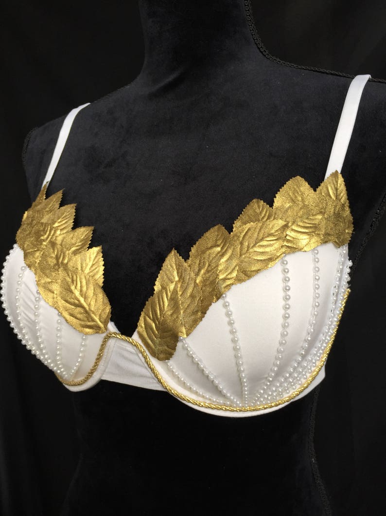 Toga Party or EDC Costume Rave Wear EDC Outfit EDC Bra edm Outfit Exotic Dance Bra White and Gold Greek Goddess Rave Bra Rave Outfit