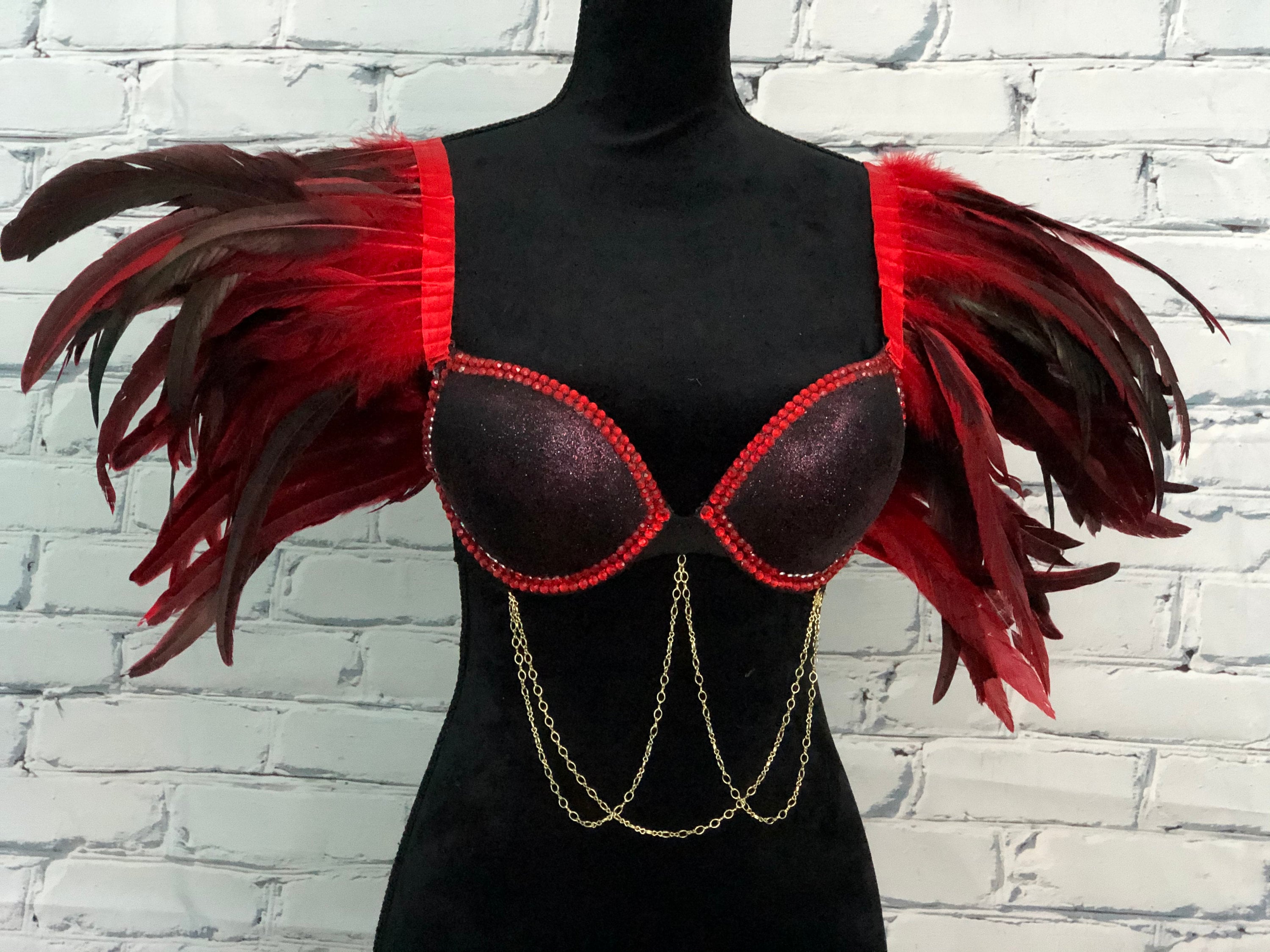 Red & Black Feather Rave Bra 