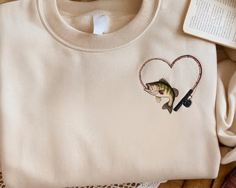 Largemouth Bass and Rod Embroidery Design Fishing Sweatshirt, Vintage Outdoors Shirt, Lake Life Crewneck, Gift for Fishing Lover