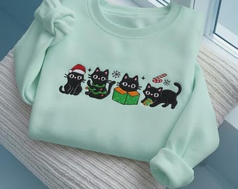 Embroidered Christmas Cat Sweatshirt, Meowy Cats Sweater, Funny Holiday Crewneck, Mommy Cat Shirt