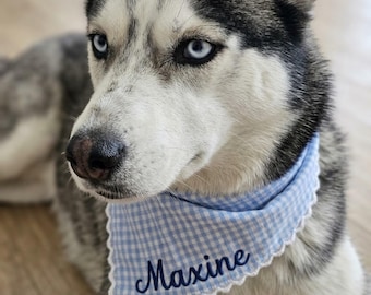 Personalized Dog Bandana with Name, Custom Embroidered Blue Gingham Puppy Scarf, White Scallop Lace Trim Dog Accessory, New Pet Gift