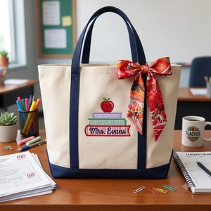 Personalized Teacher Tote Bag, Embroidered Apple Book Stack Canvas Bag, Back to School