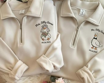 Custom Mrs. and Mr. Silly Goose Embroidery Quarter Zip, Honeymooning Shirt, Matching Married Couple Sweater, Couple Anniversary Gifts
