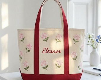Hydrangea Embroidered Tote, Personalized Botanical Canvas Bag, Custom Bridesmaid Gift, Preppy Boat Bag for Her