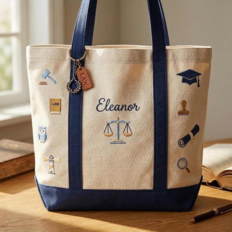 K&ouml;nnte beinhalten: Beige Canvas-Tragetasche mit marineblauen Akzenten und Griffen. Die Tasche hat gestickte Symbole zum Thema Recht, den Namen "Eleanor" und ein Waage-der-Gerechtigkeit-Design. Ein kleines "LAW"-Etikett h&auml;ngt am Griff.