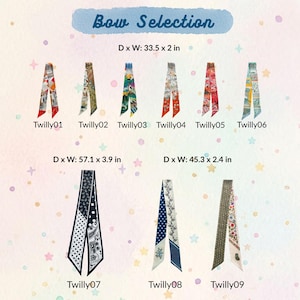 May include: A collection of nine patterned silk twilly scarves labeled Twilly01 through Twilly09. The top row measures 33.5 x 2 inches. The bottom row includes scarves measuring 57.1 x 3.9 inches and 45.3 x 2.4 inches. Each scarf features unique prints.
