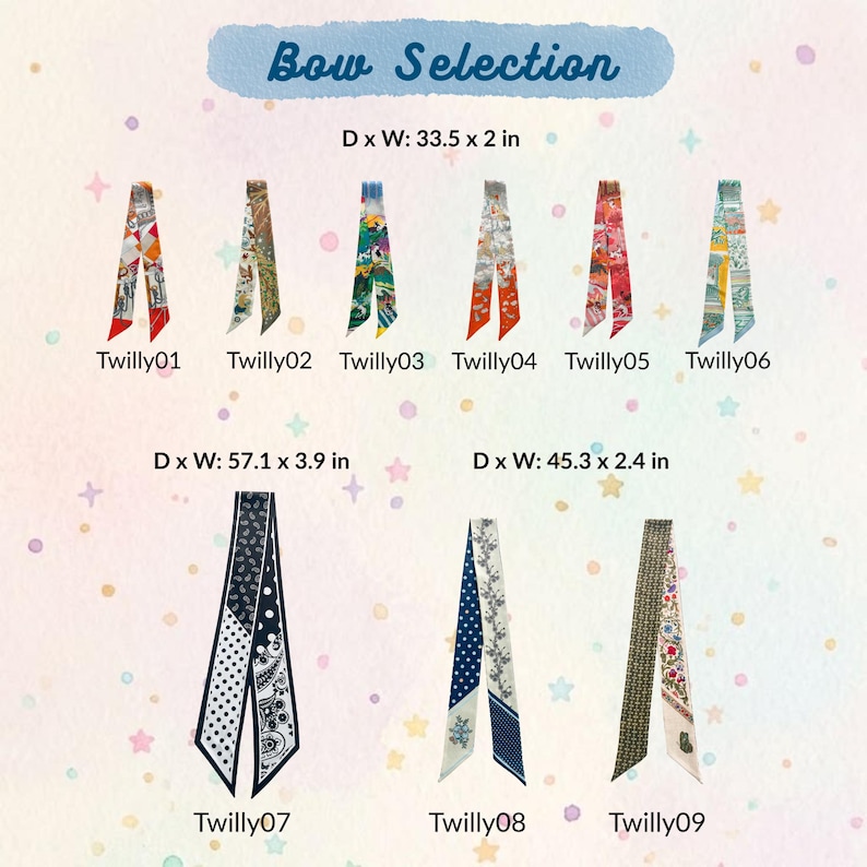 May include: A collection of nine patterned silk twilly scarves labeled Twilly01 through Twilly09. The top row measures 33.5 x 2 inches. The bottom row includes scarves measuring 57.1 x 3.9 inches and 45.3 x 2.4 inches. Each scarf features unique prints.