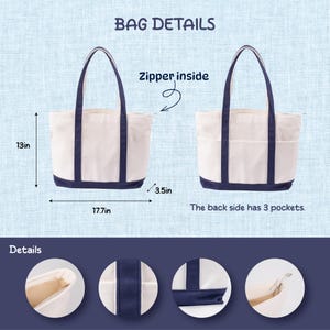 May include: A white tote bag with navy blue accents. The bag has a zipper inside and three pockets on the back. It measures 17.7 inches wide, 13 inches high, and 3.5 inches deep. The image includes the text "BAG DETAILS".