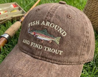 Trout Embroidered Dad Hat, Funny Angler Baseball Cap, Vintage Washed Cotton