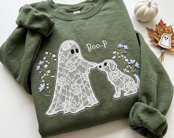 Floral Lace Ghost and Dog Boop Sweatshirt, Embroidered Applique Crewneck, Funny Halloween Dog Mom Gift