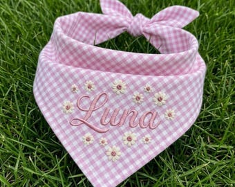 Personalized Dog Bandana, Custom Embroidered Cotton Pet Collar, Daisy Flowers Puppy Scarf, Summer Pet Gift