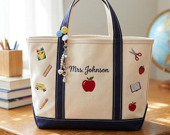 Personalized Teacher Tote Bag, Embroidered School Icons Canvas Bag, Custom Name Teacher Appreciation Gift, Back to School Gift