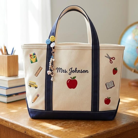 Personalized Teacher Tote Bag, Embroidered School Icons Canvas Bag, Custom Name Teacher Appreciation Gift, Back to School Gift
