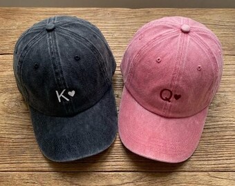 Embroidered King and Queen Couples Cap, Custom Embroidered Washed Cap, Initial With Name, Anniversary Gift, Valentines Day Gift
