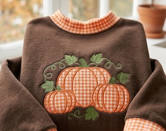 Orange Gingham Pumpkin Mockneck Sweatshirt, Embroidered Fall Trio Applique Pullover, Cozy Autumn Crewneck