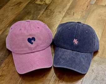 Heart and Puzzle Piece Couples Cap, Custom Embroidered Washed Cap, Initial With Name, Anniversary Gift, Valentines Day Gift