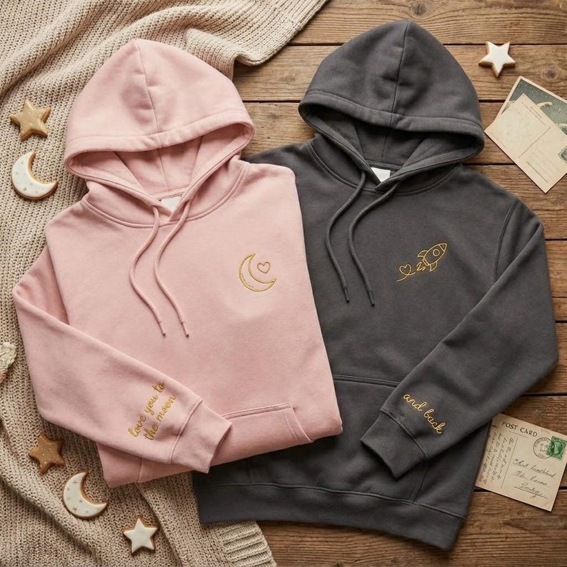 May include: Two hooded sweatshirts, one pink and one charcoal gray, are displayed on a wooden surface. The pink hoodie has a crescent moon and heart design, with "Love you to the moon" on the sleeve. The gray hoodie features a rocket and heart design, with "and back" on the sleeve.