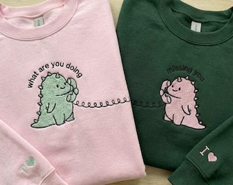 Custom Dinosaur Couple Hoodie, Embroidered Matching Sweatshirts, Personalized Valentines Day Gift for Boyfriend, Long Distance Relationship